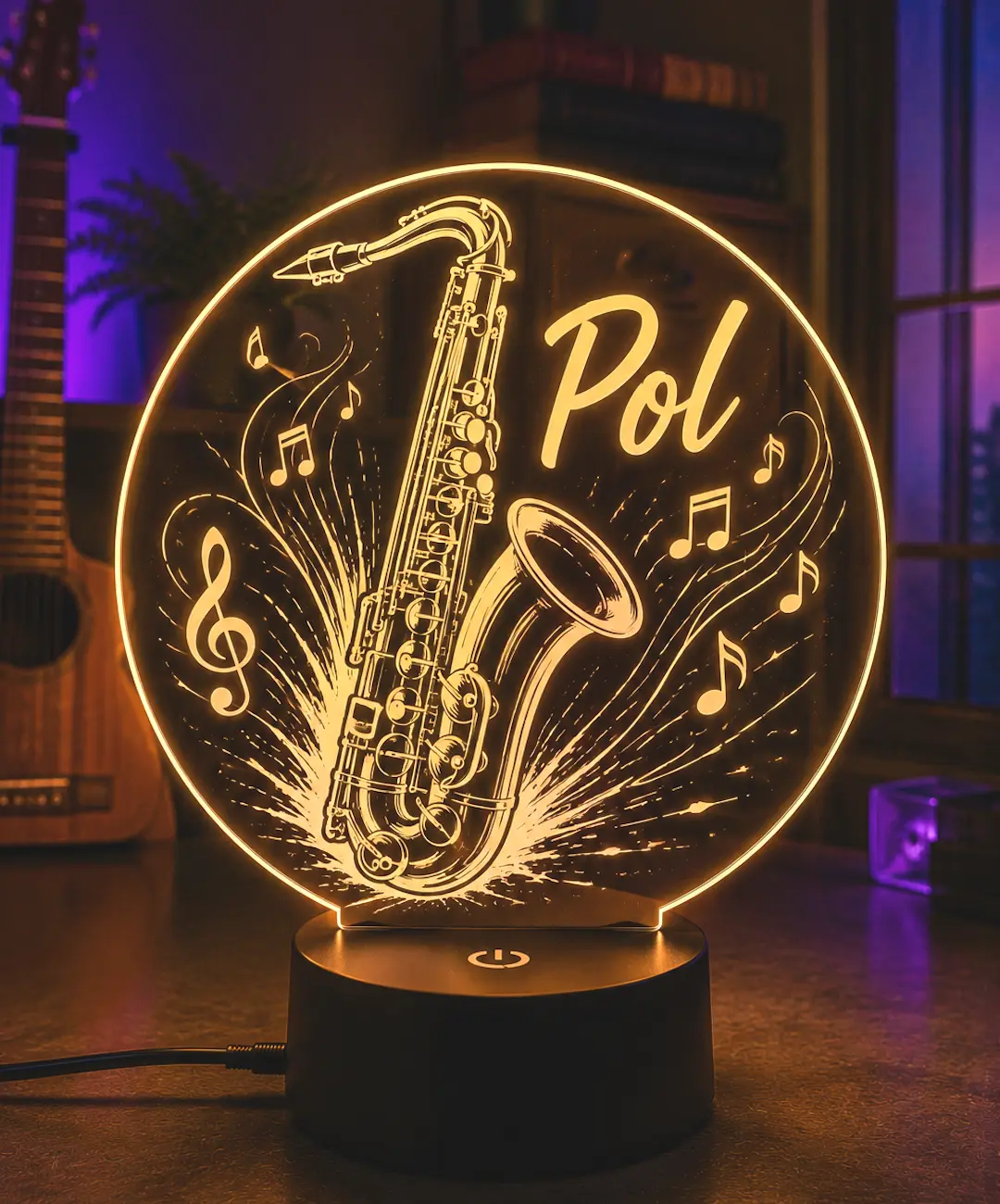 Lámpara personalizada saxofón con nombre grabado en metacrilato