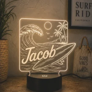 Lámpara personalizada surfista con nombre grabado en metacrilato
