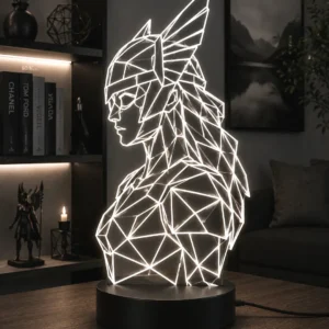 Lámpara LED decorativa valkiria geométrica inspirada en la mitología nórdica grabada en metacrilato