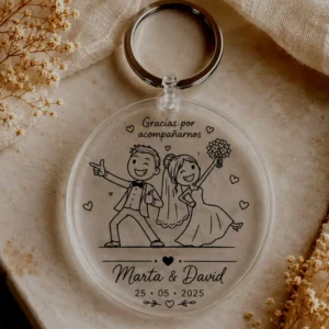 Llavero novios personalizado con nombres y fecha grabados en metacrilato transparente