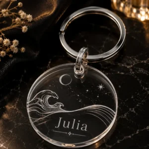 Llavero olas del mar personalizado con nombre grabado en metacrilato transparente