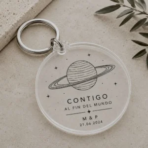 Llavero planeta personalizado con nombre grabado en metacrilato transparente