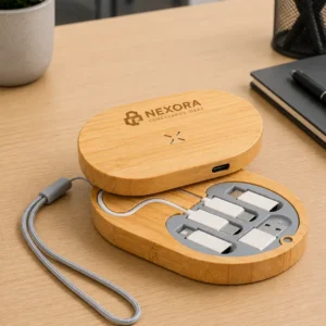 Set cargador de bambú personalizado con carga inalámbrica de 15W y cables integrados