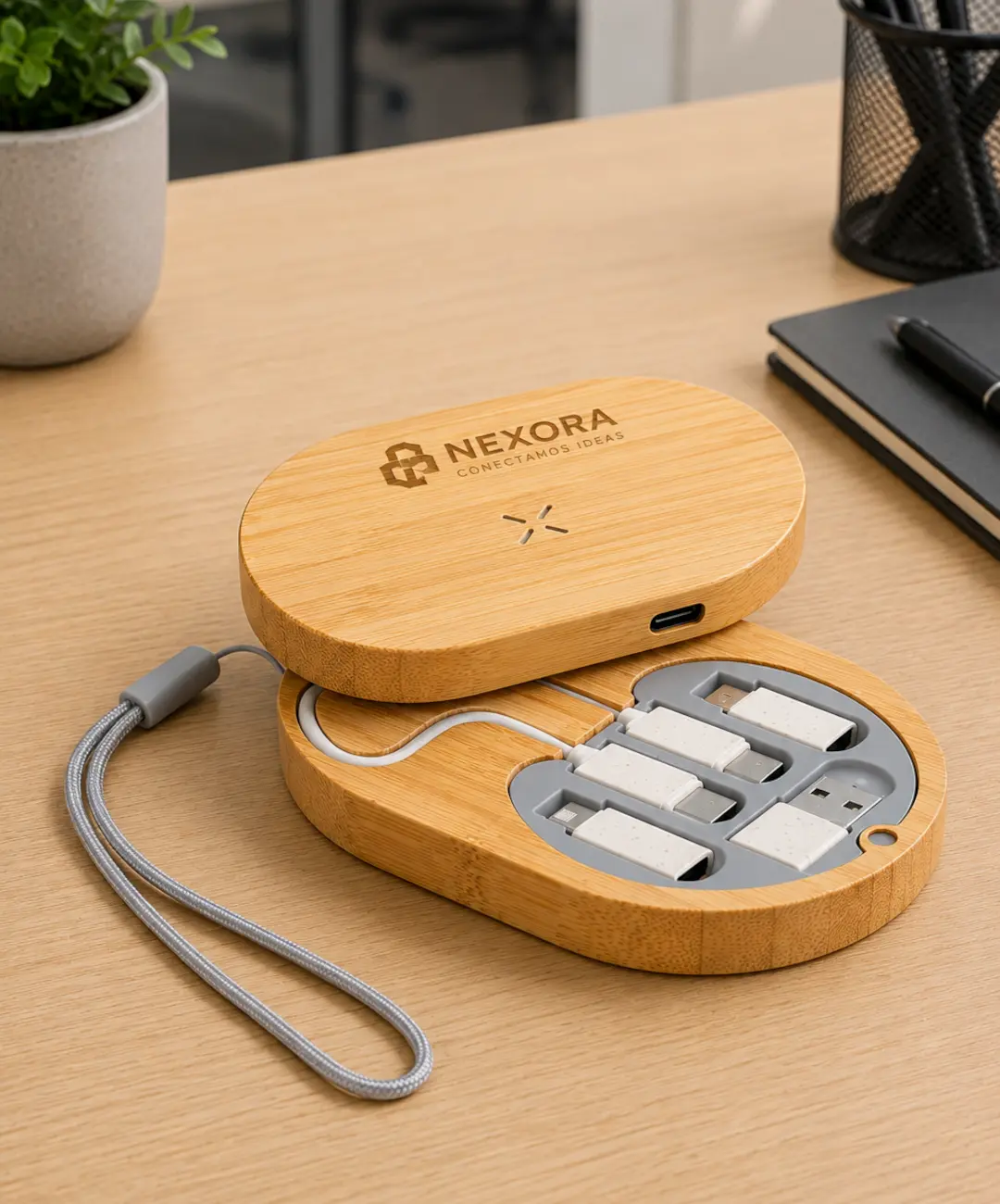 Set cargador de bambú personalizado con carga inalámbrica de 15W y cables integrados