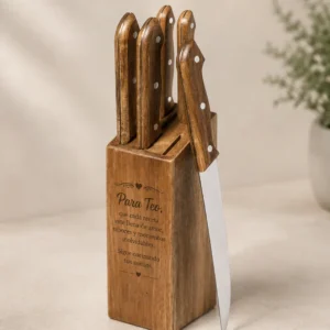 Set de cuchillos personalizado con soporte de madera de acacia y cinco cuchillos de acero inoxidable