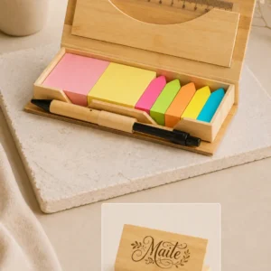 Set de oficina personalizado de bambú con notas adhesivas y bolígrafo