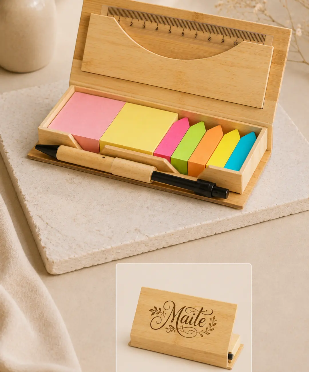 Set de oficina personalizado de bambú con notas adhesivas y bolígrafo