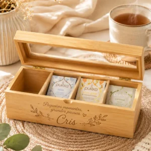 Caja de té de madera personalizada con grabado láser y compartimentos para infusiones