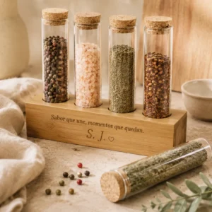 Especiero de madera personalizado con cuatro tarros de cristal y soporte de bambú