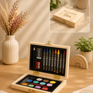 Estuche de madera personalizado con pinturas y acuarelas para niños