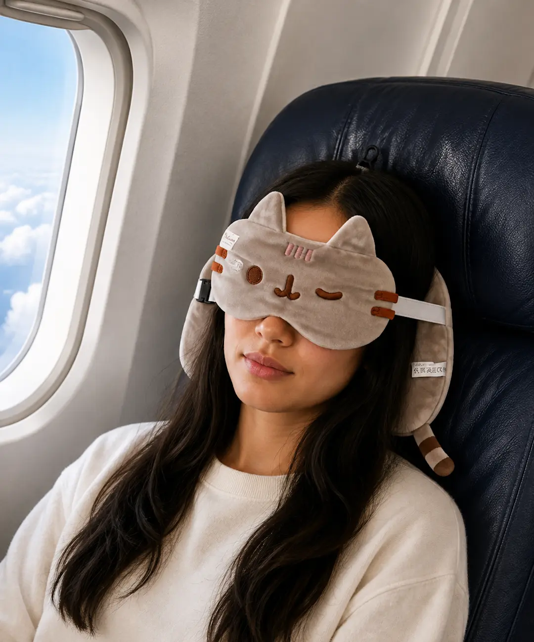 Set de viaje personalizado Pusheen con antifaz utilizado durante un viaje en avión
