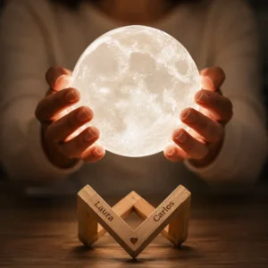Lámpara Luna personalizada con nombres grabados en el soporte de madera e iluminación LED de luz cálida.